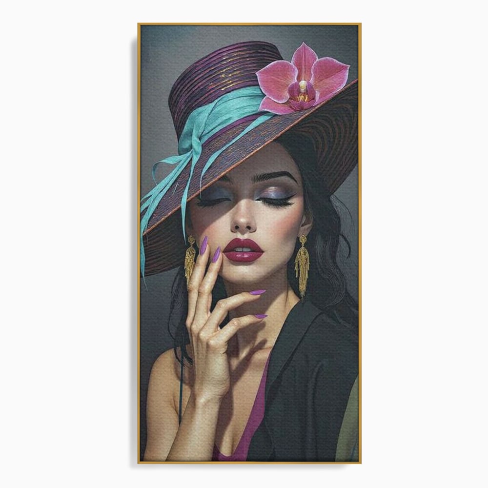 Tablou canvas cu tablou canvas cu portret de femeie cu palarie si orhidee, in rama de aluminiu auriu